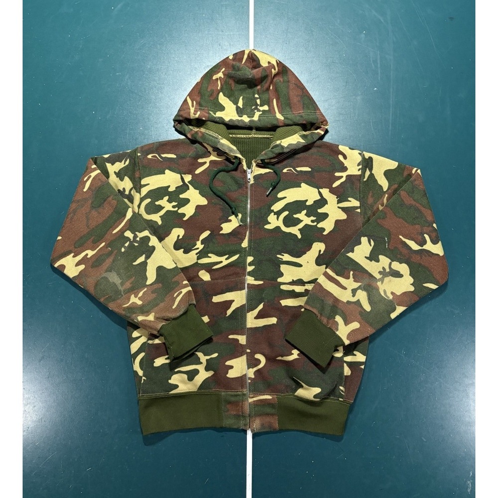 Vintage Camo Thermal Lined Full Zip Hoodie Mens M Woodland Hunting 70s 80s USA